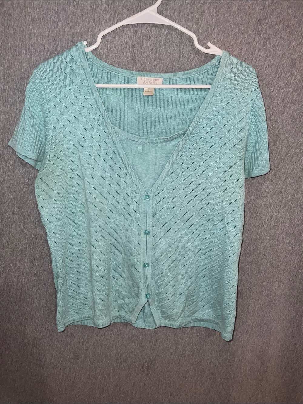 Christopher & Banks Mint Green Short-Sleeve Button Front Knit Top